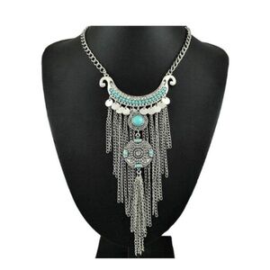 Bohemian Silver Tone and blue fringe necklace